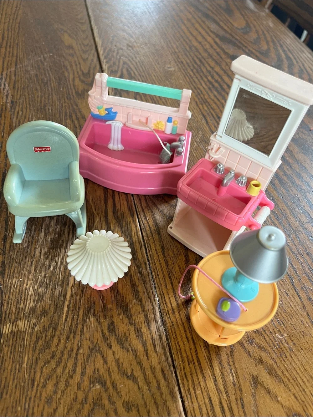 Vintage Fisher-Price Pink, Teal & Yellow Dollhouse Bath and Vanity Set